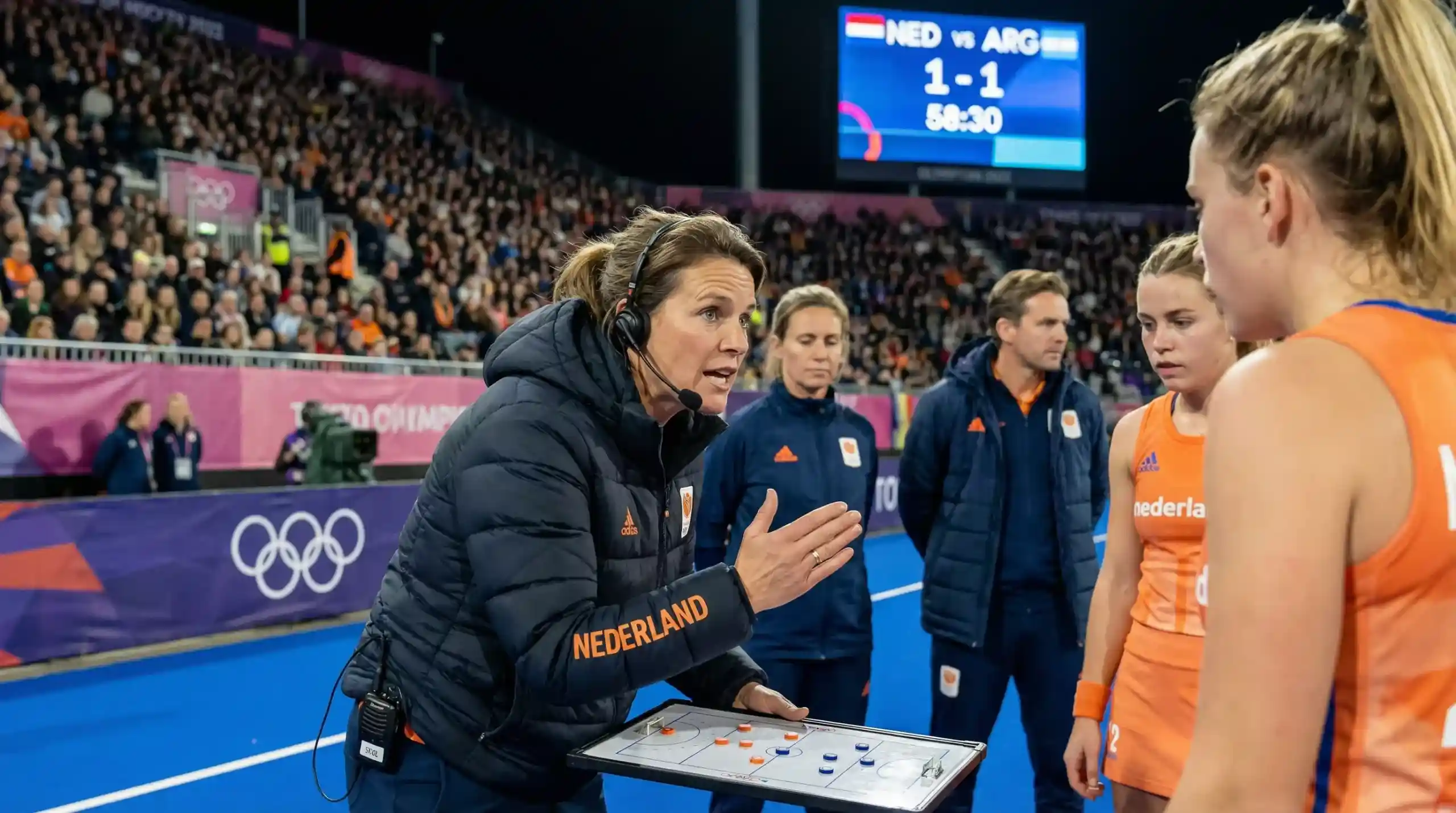 Internationale hockeycoach aan de zijlijn tijdens een grote wedstrijd