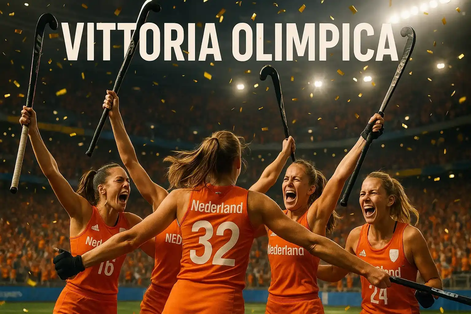 Nederlandse hockeydames vieren hun olympische gouden medaille met oranje confetti en hockeysticks in de lucht