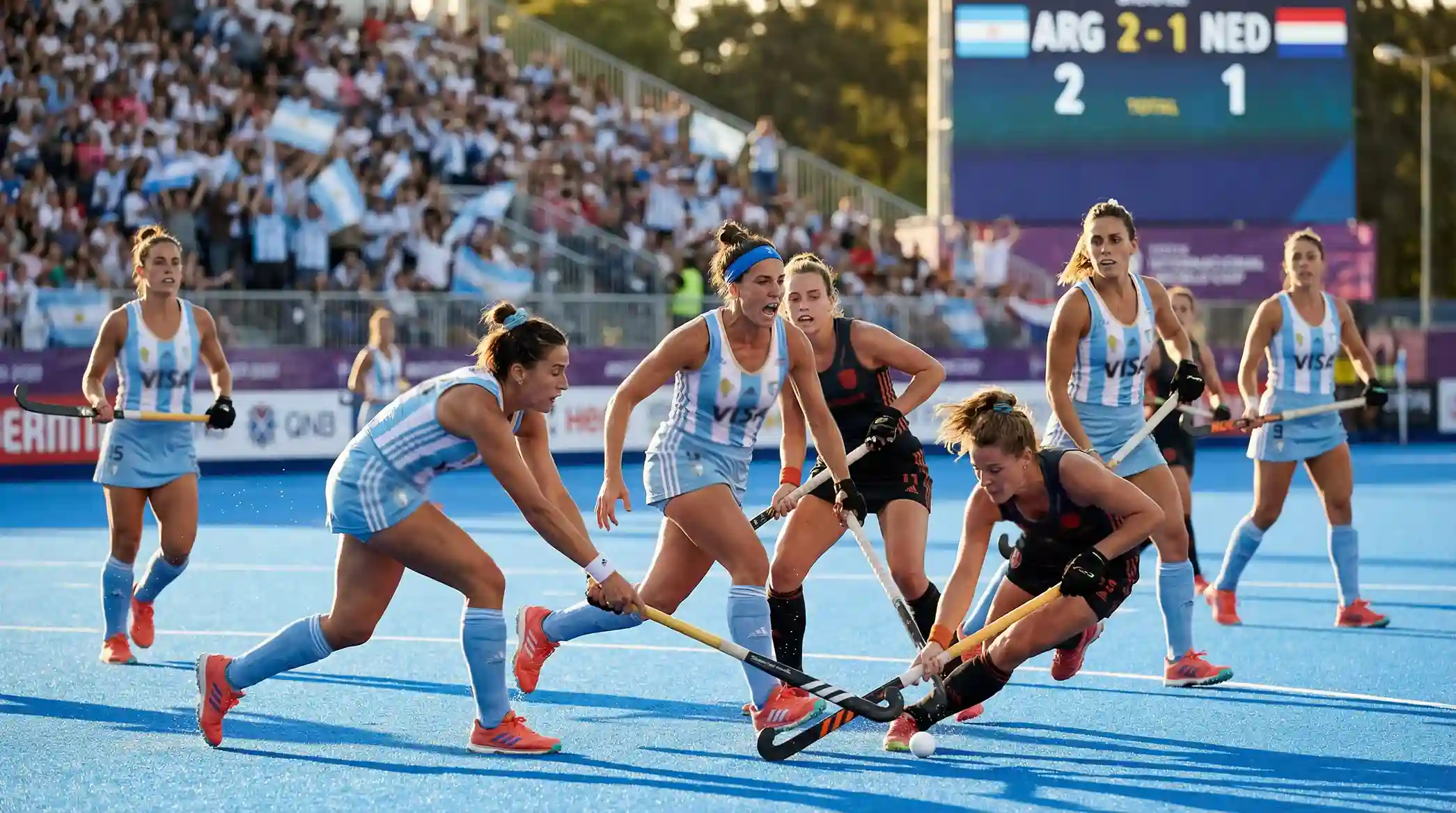 Argentijnse hockeyvrouwen Las Leonas in actie tijdens een internationale wedstrijd