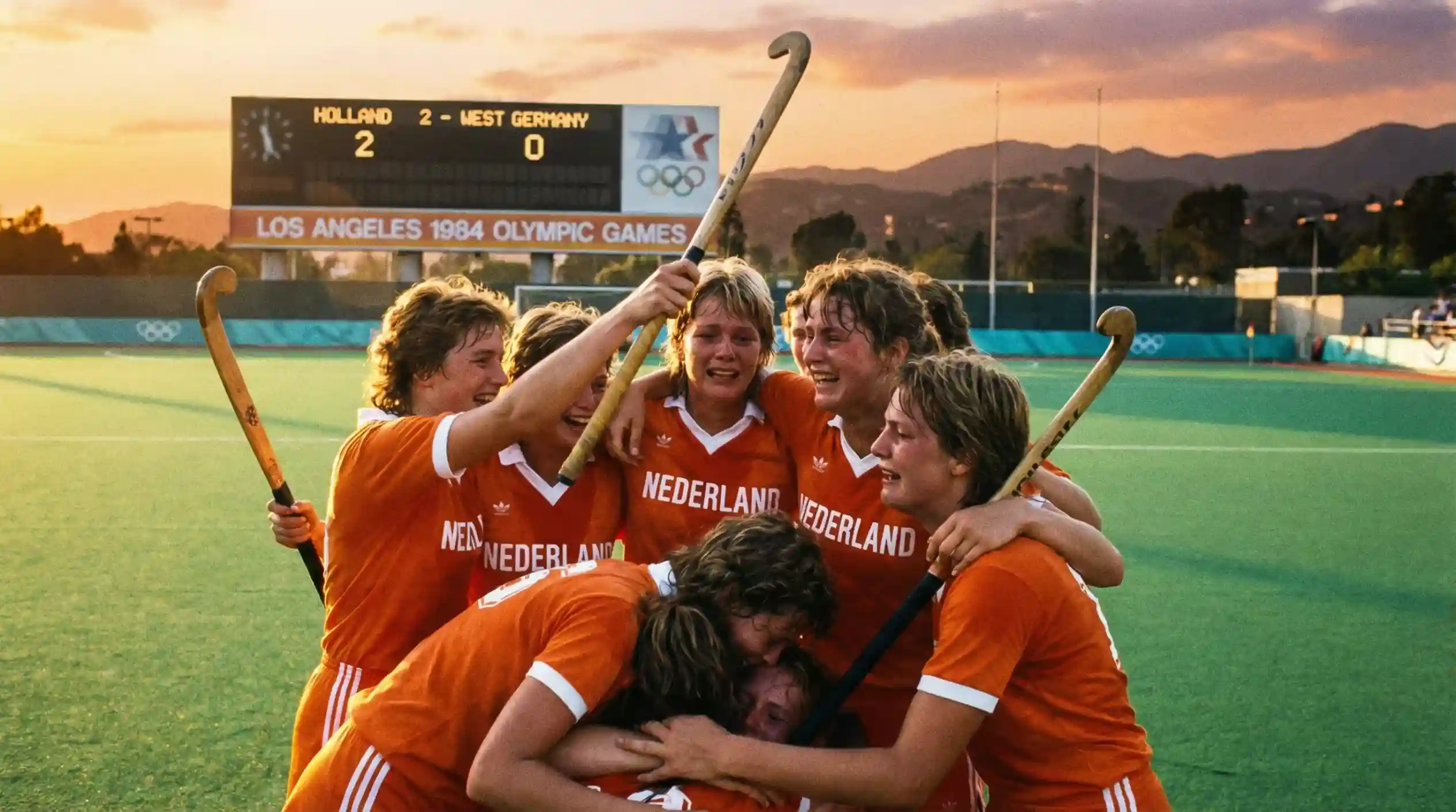 Nederlandse hockeyvrouwen vieren hun eerste olympische gouden medaille in Los Angeles 1984