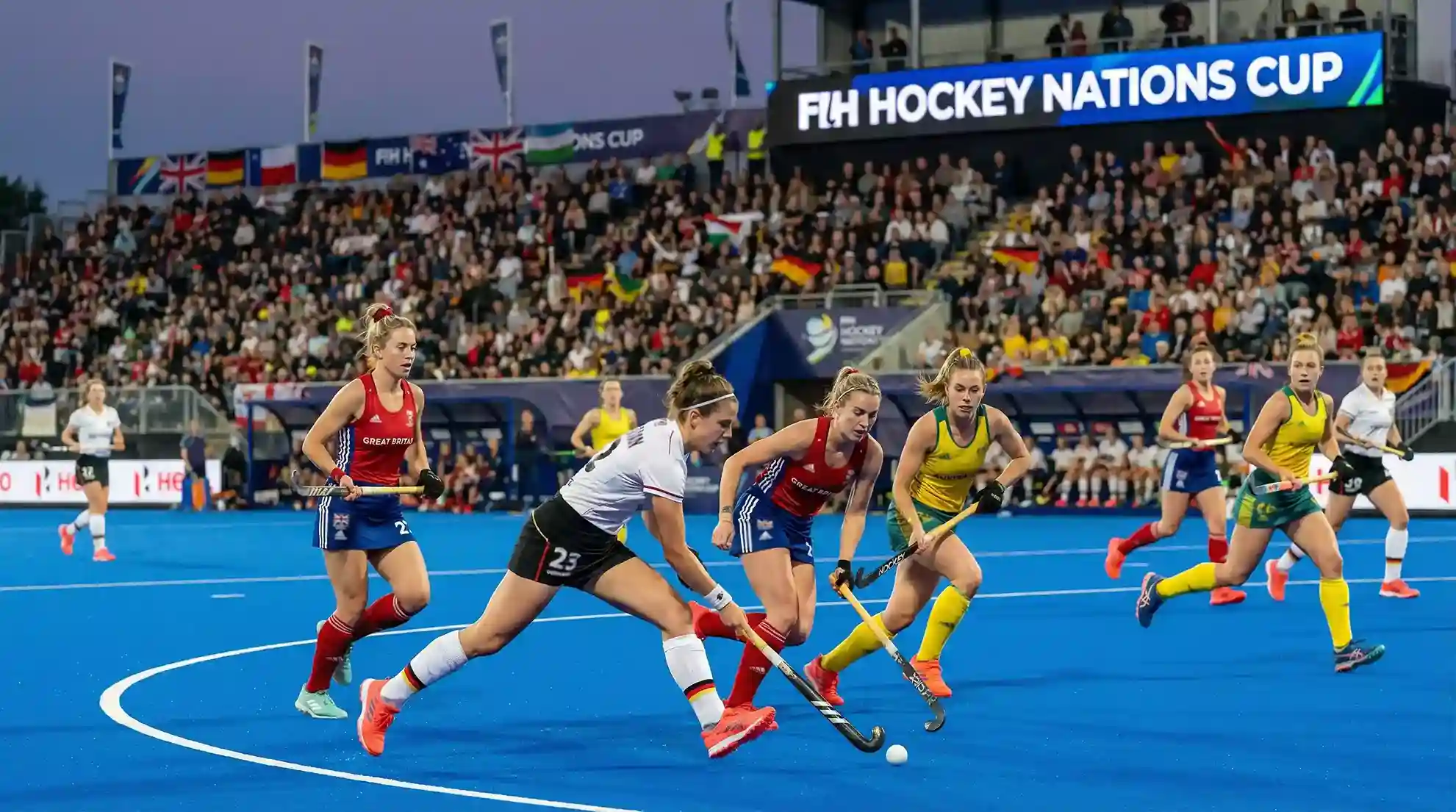 Internationale hockeyteams uit Duitsland, Groot-Brittannië en Australië