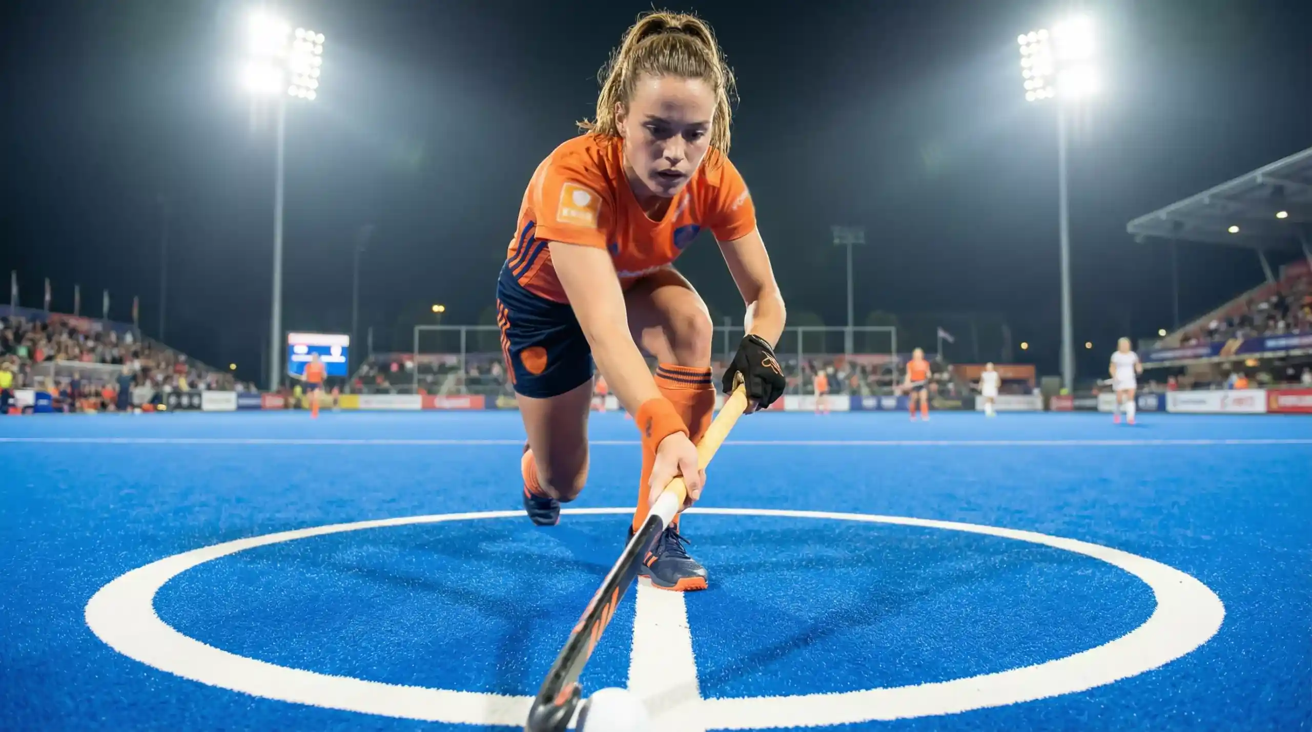 Yibbi Jansen bereidt zich voor op een strafcorner tijdens een internationale hockeywedstrijd