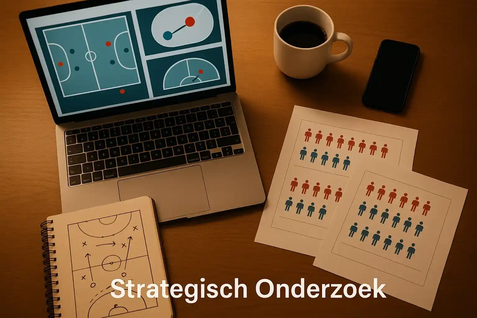 Werkplek met laptop, notities en statistieken voor hockey wedstrategie analyse