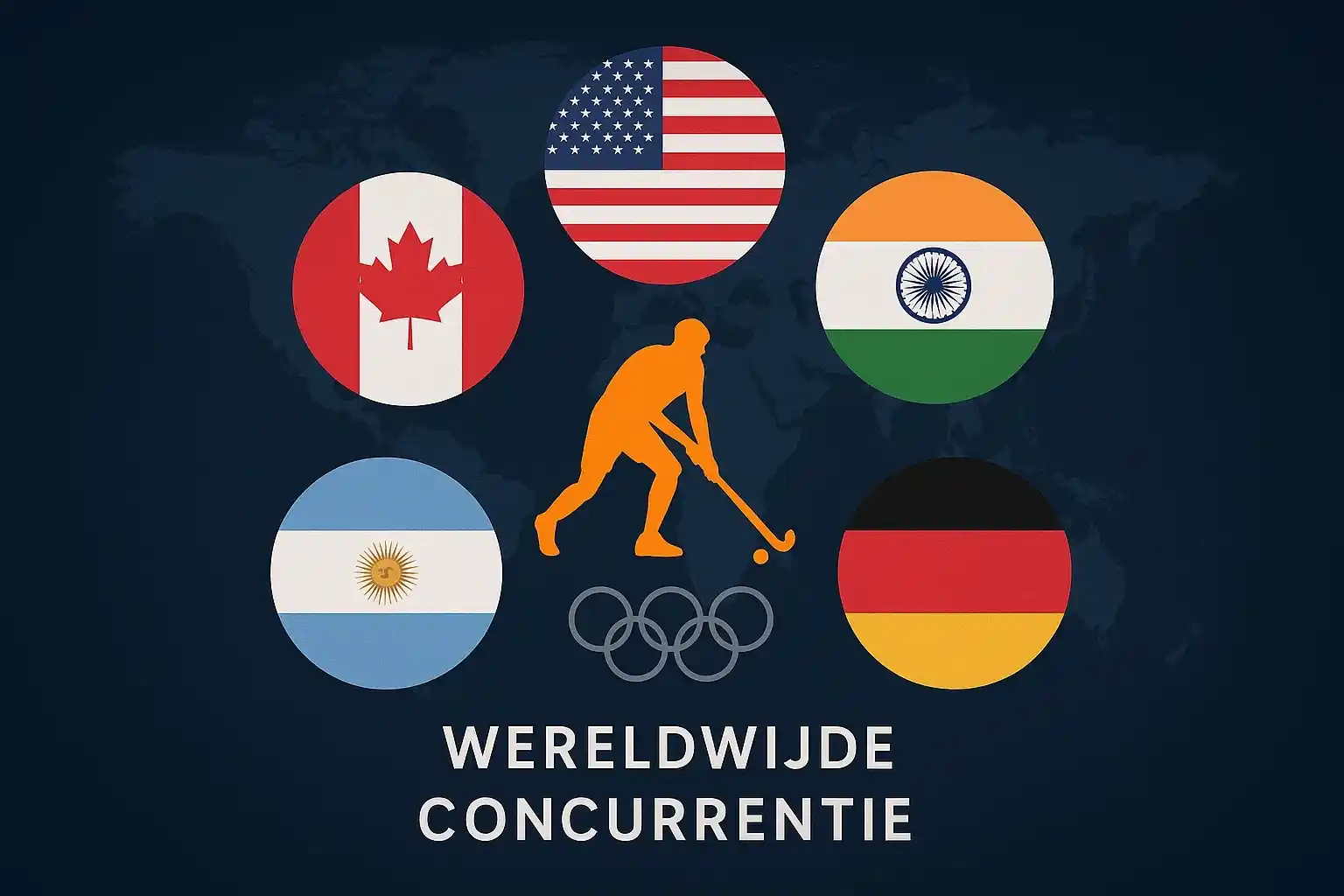 Internationale concurrentie met vlaggen van hockeylanden rondom Nederland