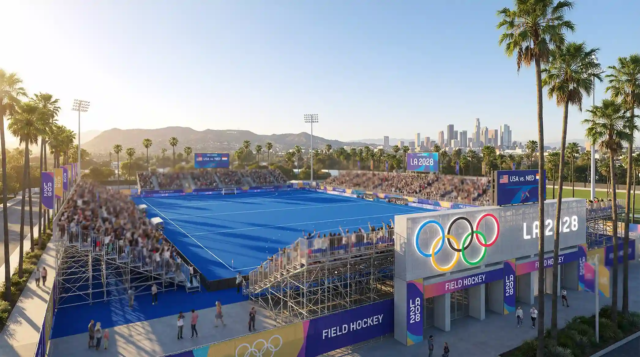 Olympisch hockeystadion in Los Angeles met blauw kunstgrasveld