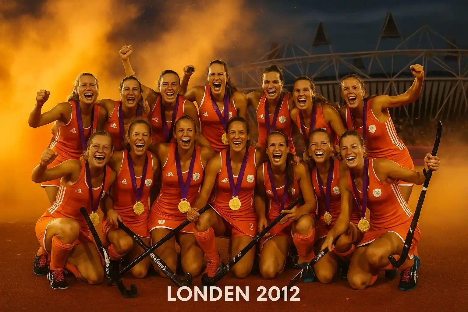 Nederlandse hockeyvrouwen vieren de olympische titel in Londen 2012 met gouden medailles