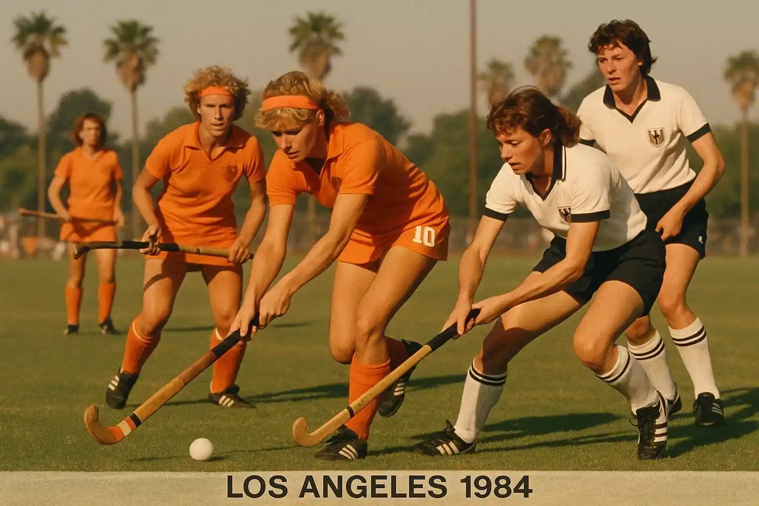 Hockeywedstrijd tijdens de Olympische Spelen van Los Angeles 1984 met Nederlandse speelsters in actie