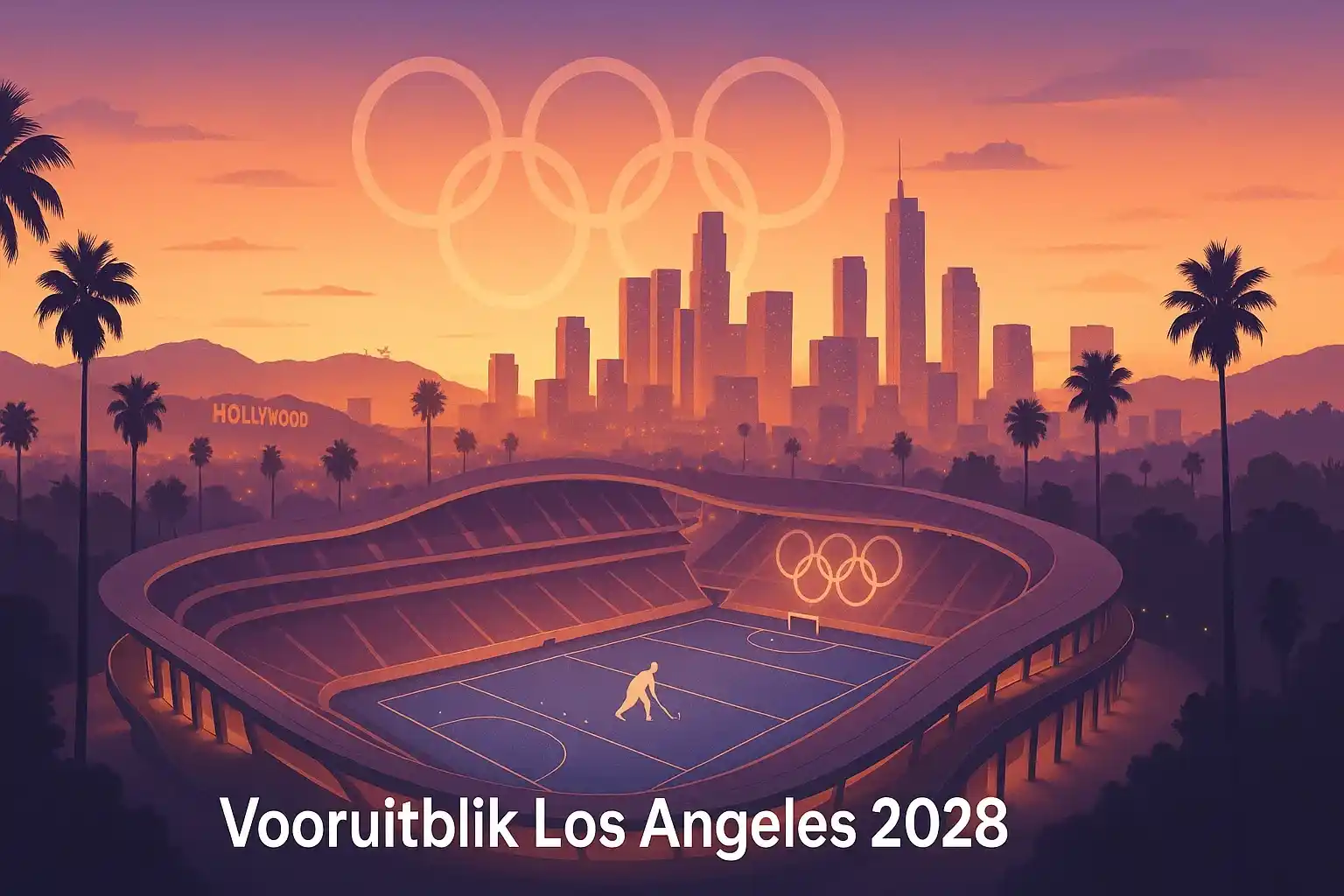 Vooruitblik op Los Angeles 2028 met olympisch hockeystadion en LA skyline