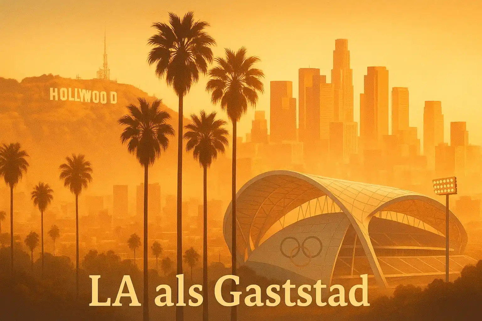 Los Angeles skyline met palmbomen en olympische sfeer als gaststad 2028