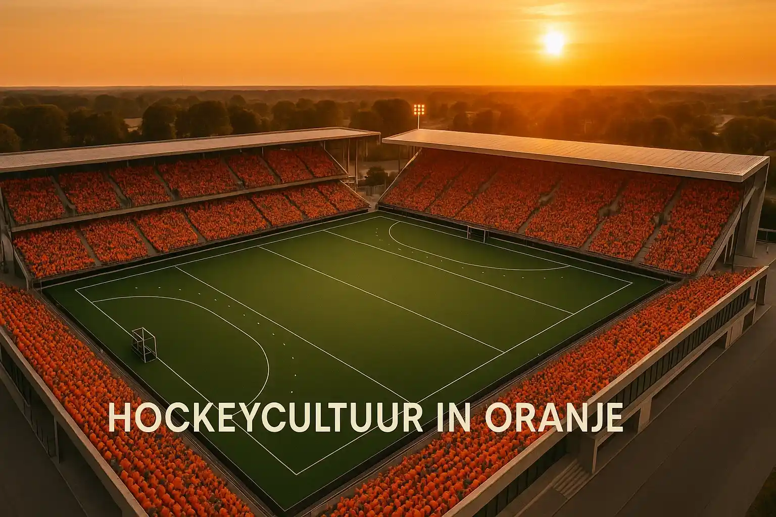 Nederlands hockeystadion vol met supporters in oranje, groene kunstgrasveld met witte lijnen tijdens internationale wedstrijd