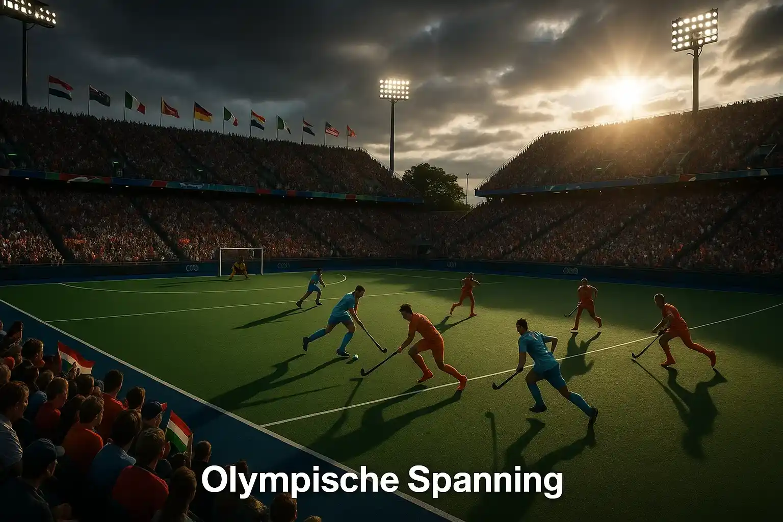 Olympisch hockeystadion met internationaal publiek en intense wedstrijdsfeer