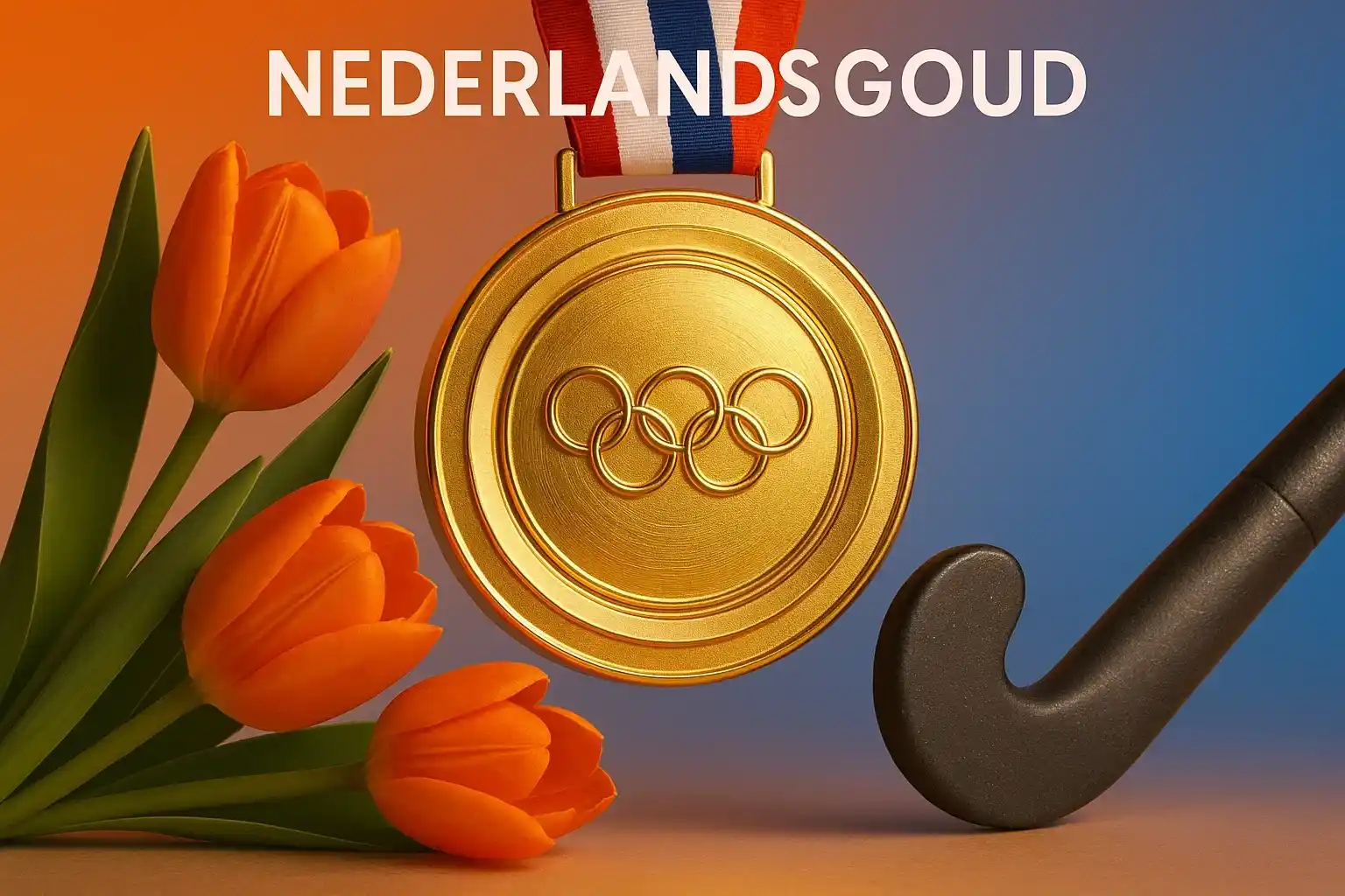 Olympische gouden medaille met Nederlandse oranje tulpen en hockeystick, symbool van Nederlands hockeysucces
