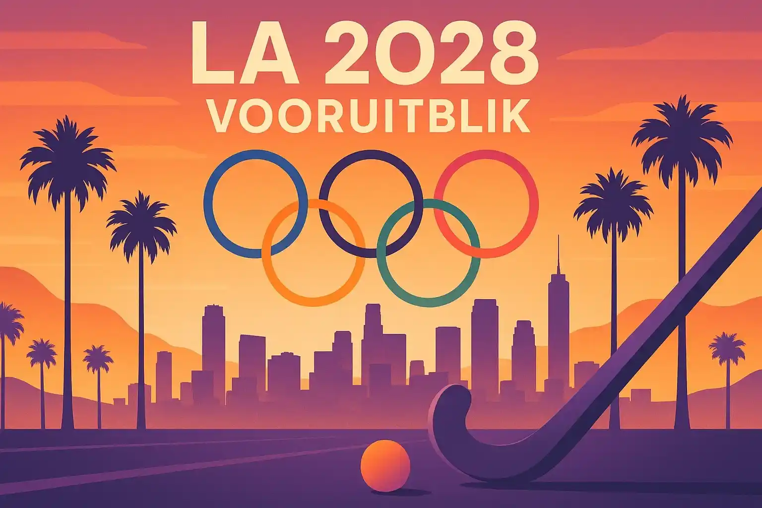 Futuristische illustratie van de Olympische Spelen Los Angeles 2028 met skyline, olympische ringen en hockeyelementen