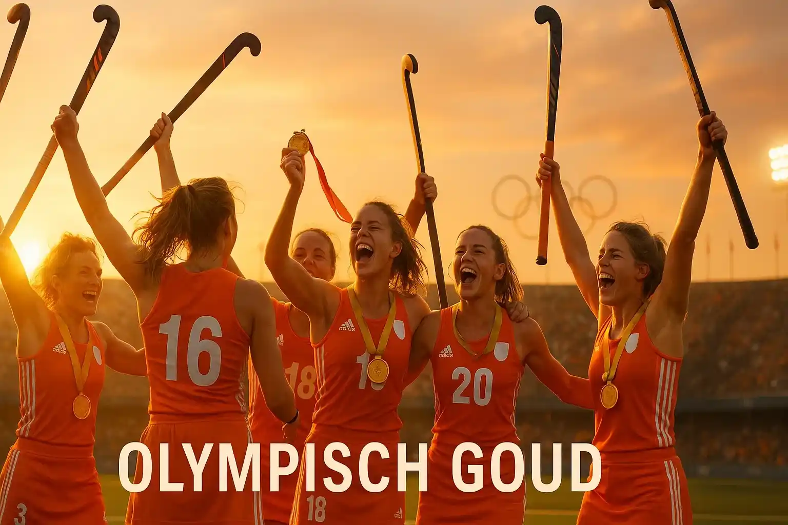 Nederlandse hockeyvrouwen vieren olympisch goud met medailles en hockeysticks in de lucht