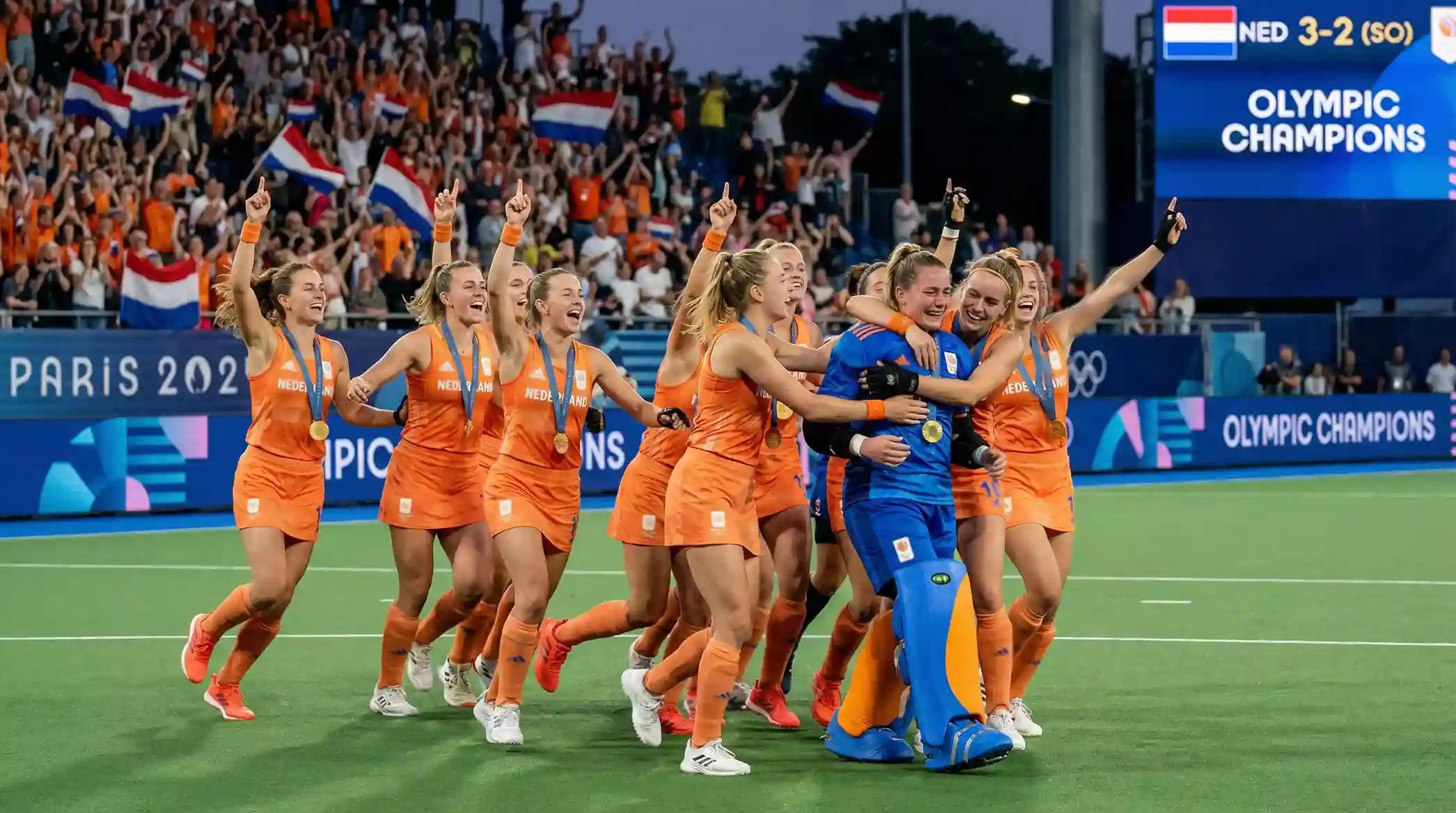 Nederlandse hockeysters vieren de vijfde olympische titel na de shoot-outs in Parijs