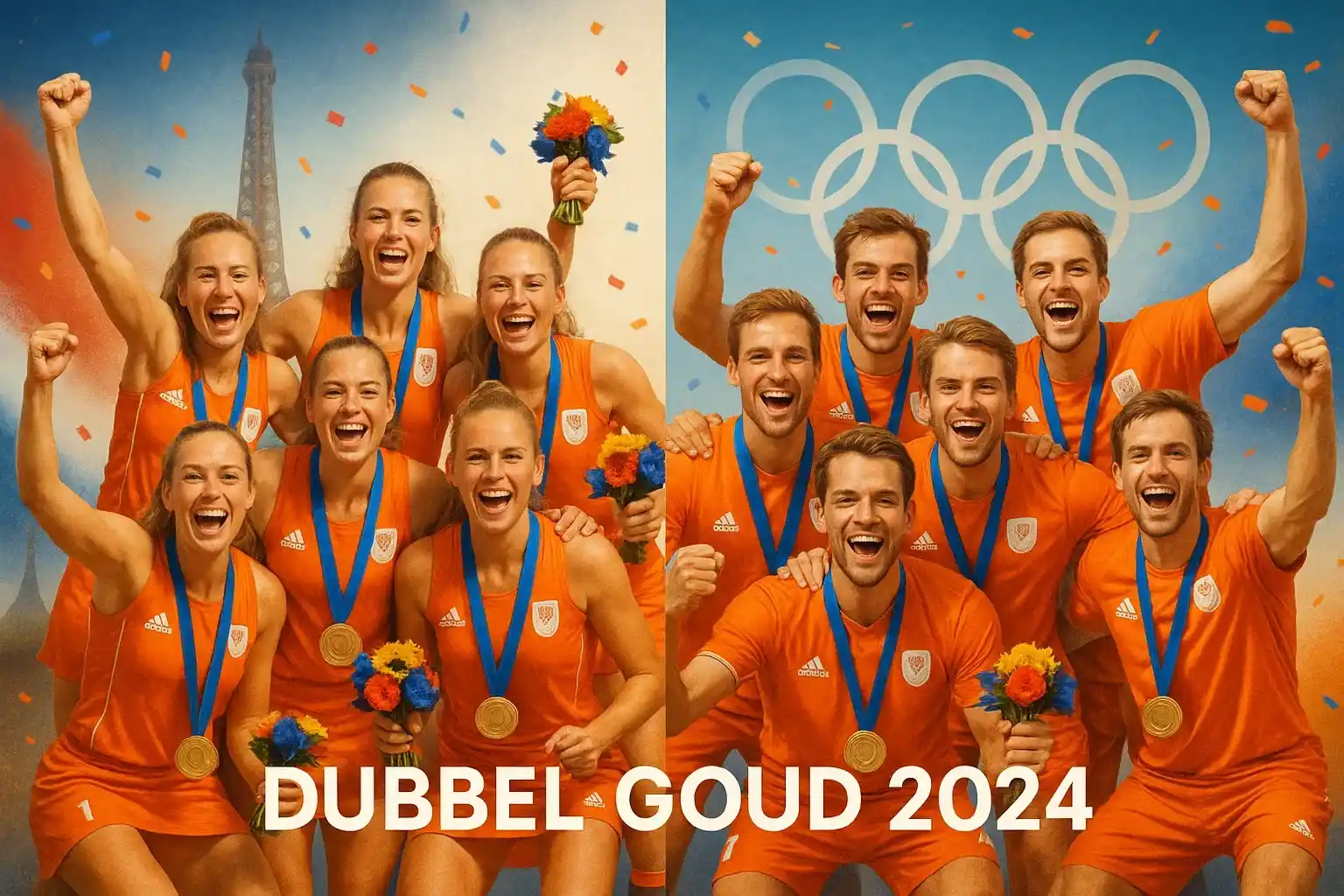 Nederlandse hockeyteams vieren dubbel olympisch goud in Parijs 2024 met de Eiffeltoren op de achtergrond