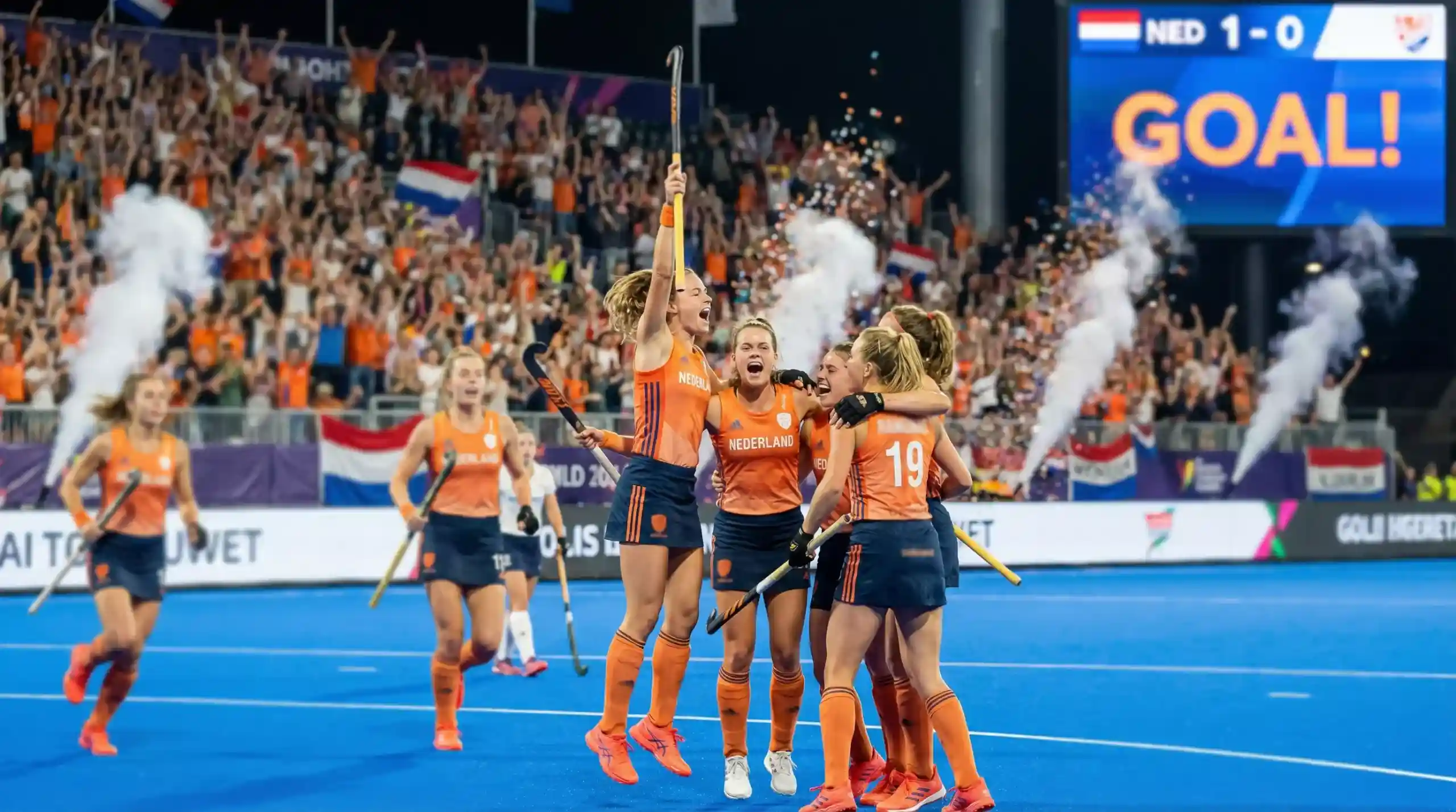 Nederlandse hockeysters vieren de 2-0 overwinning in de olympische finale