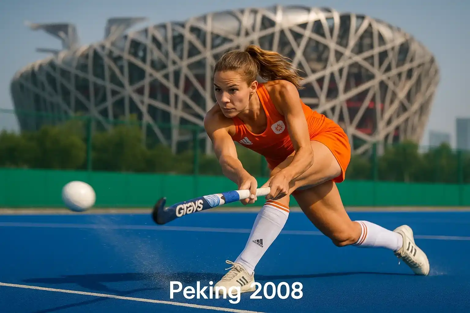 Nederlandse hockeyspeelster neemt een strafcorner tijdens de Olympische Spelen van Peking 2008