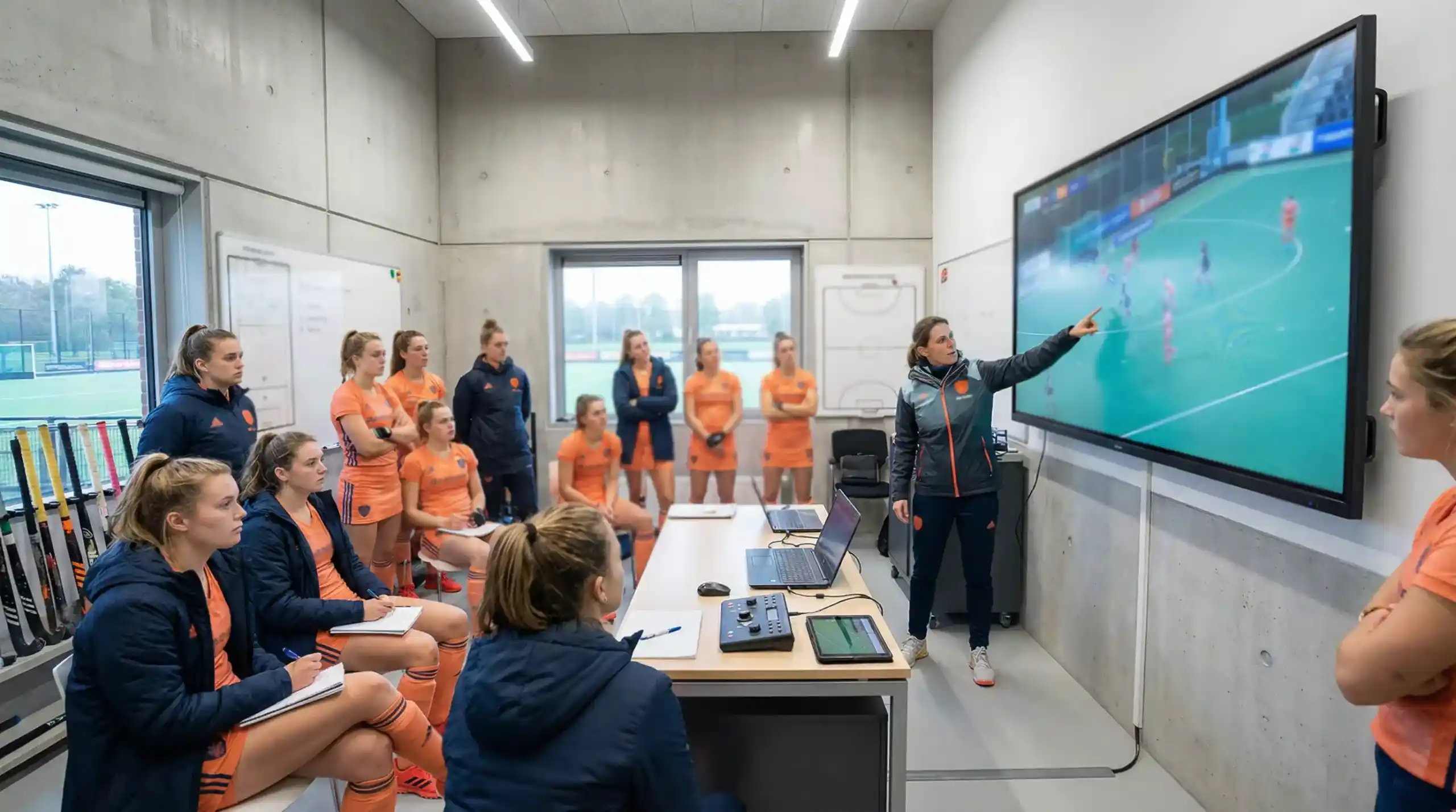 Hockeyteam tijdens tactische training met moderne analysemethoden