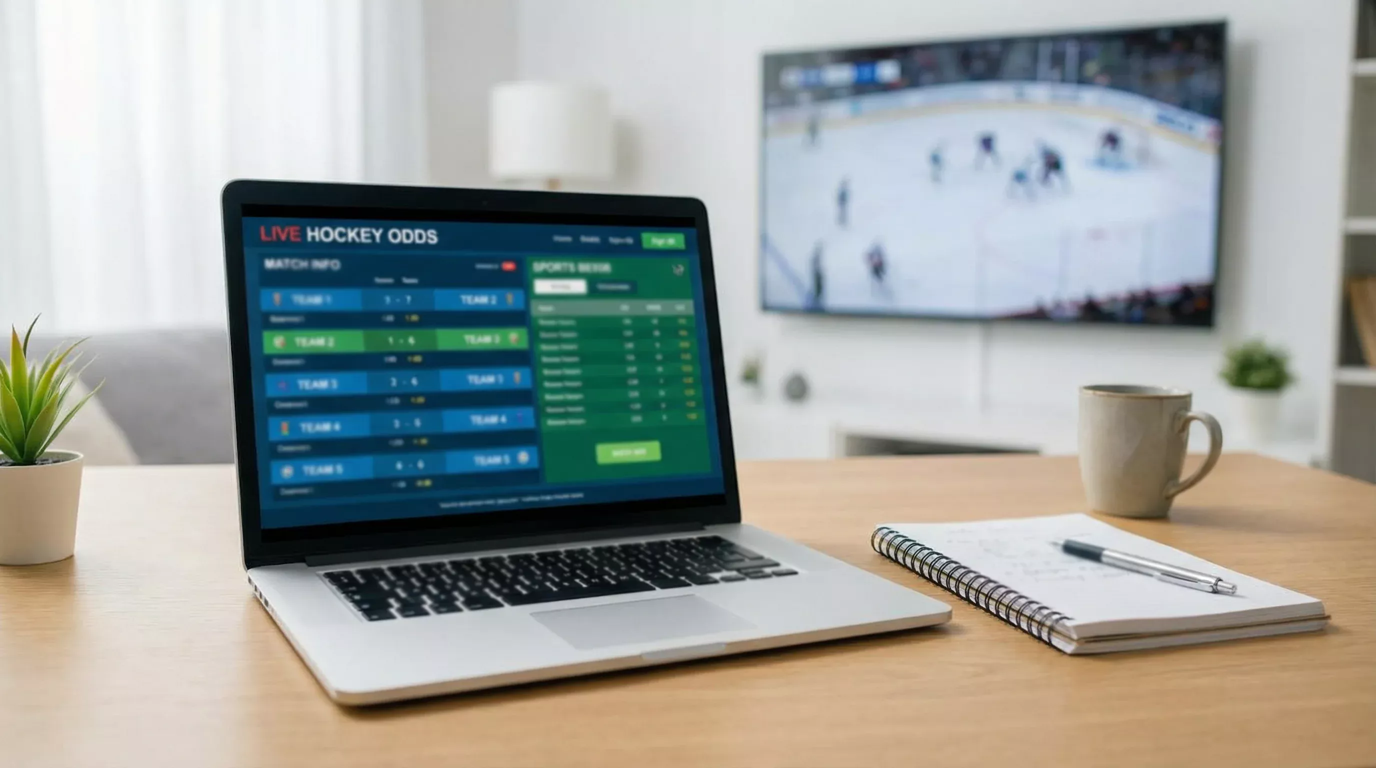 Laptop met sportweddenschappen interface en hockey op het scherm