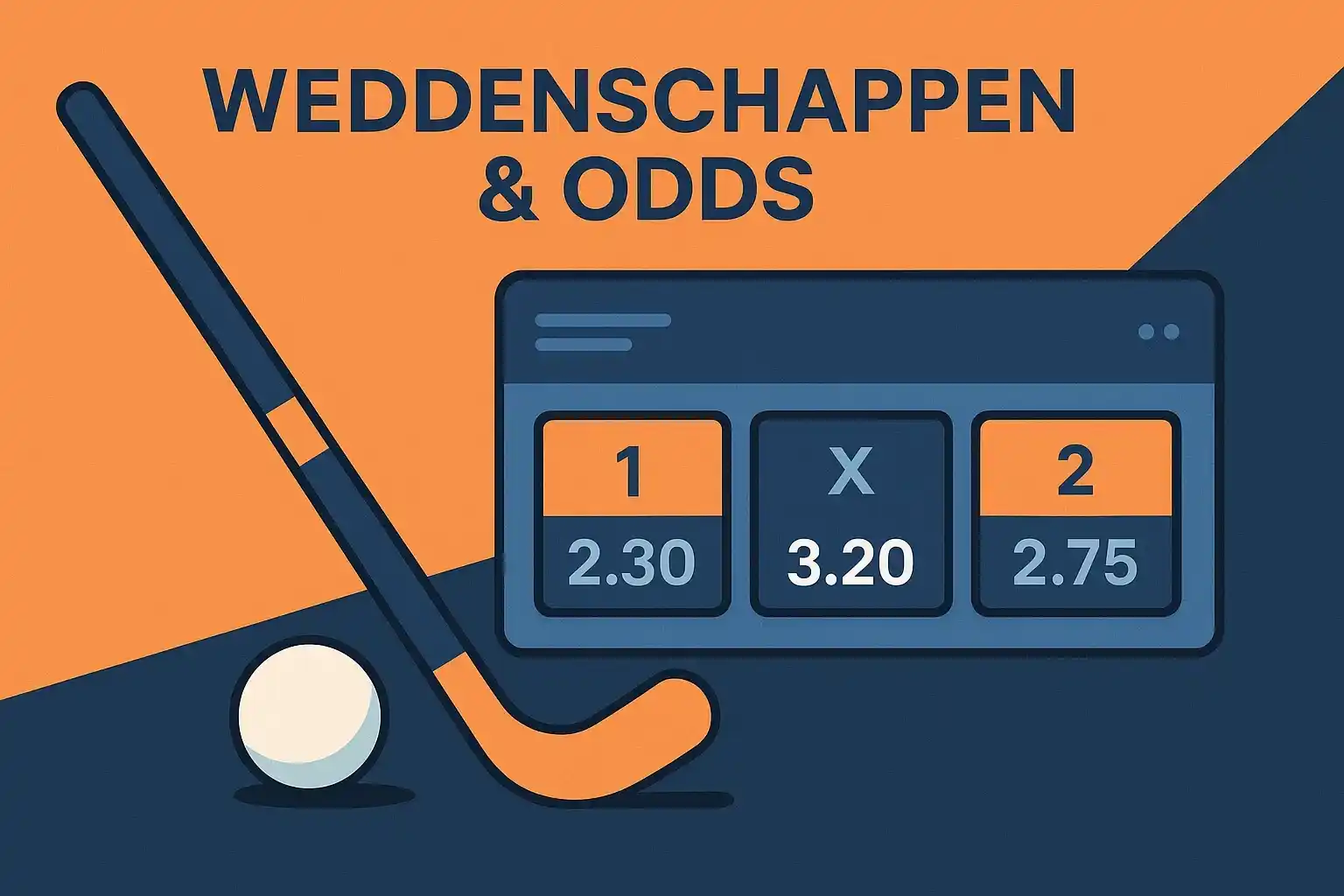 Moderne illustratie van sportweddenschappen met hockeyelementen, odds nummers en digitale interface in oranje en blauw