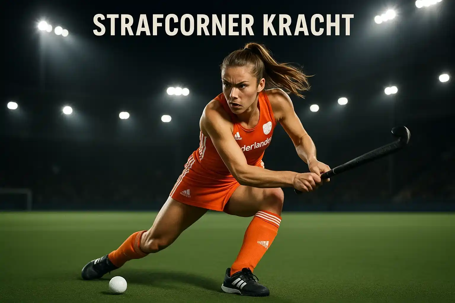 Yibbi Jansen in actie tijdens strafcorner voor het Nederlandse hockeyteam in oranje tenue